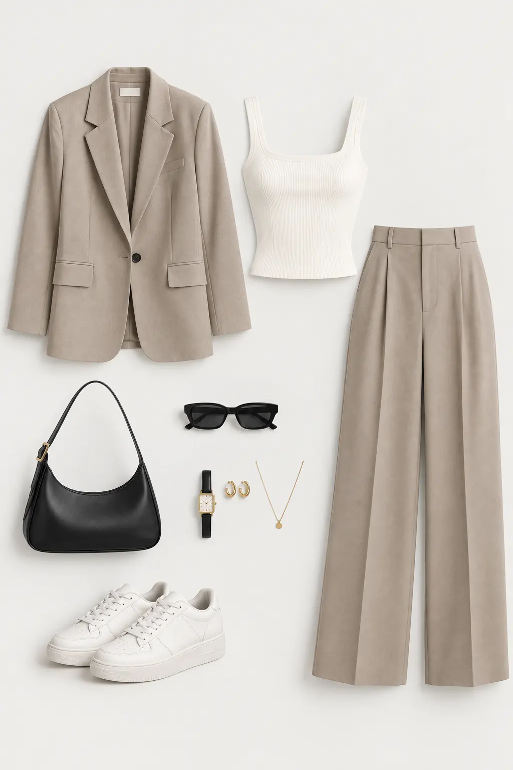 Beige suit outfit reference with a white top, shoes, and black bag