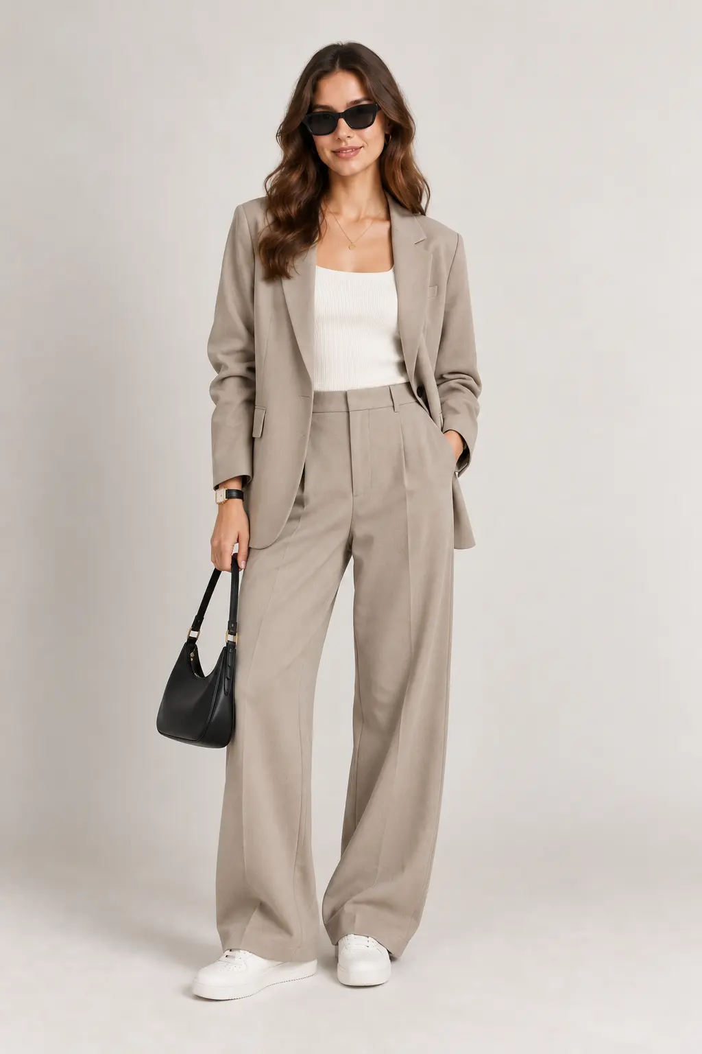 Outfit swap example showing a beige suit with a black bag and sunglasses
