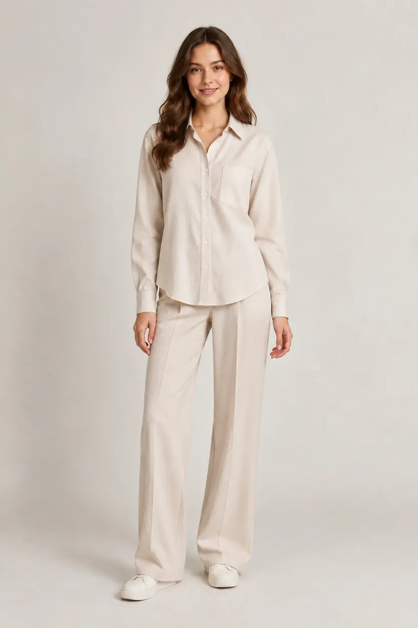 Virtual try-on example with a cream shirt and relaxed matching trousers