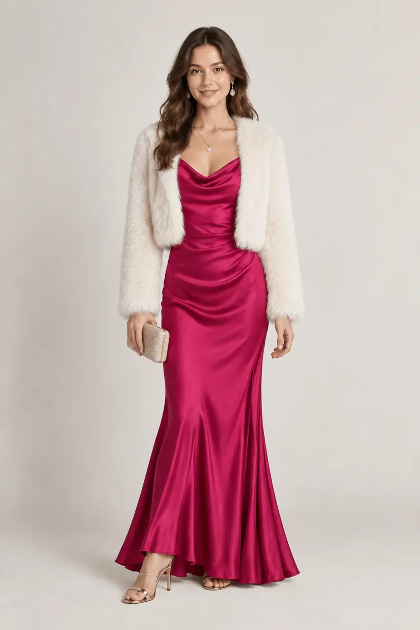 Evening outfit preview with a raspberry gown and light jacket