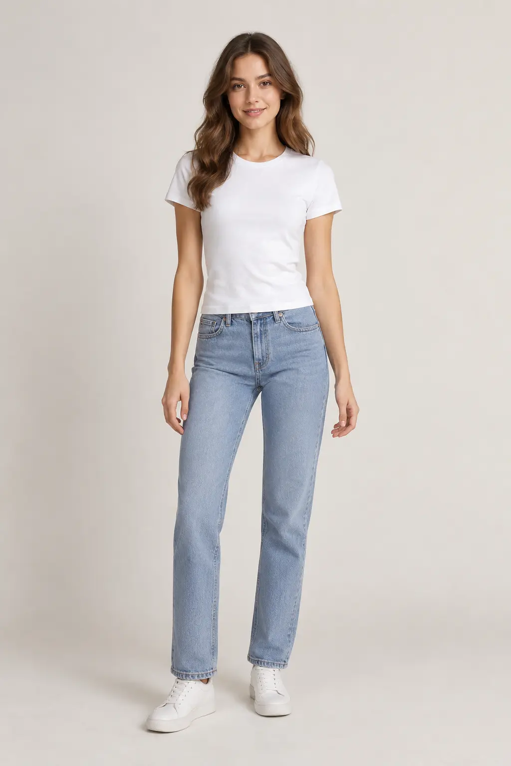 Original person photo in a white T-shirt and blue jeans