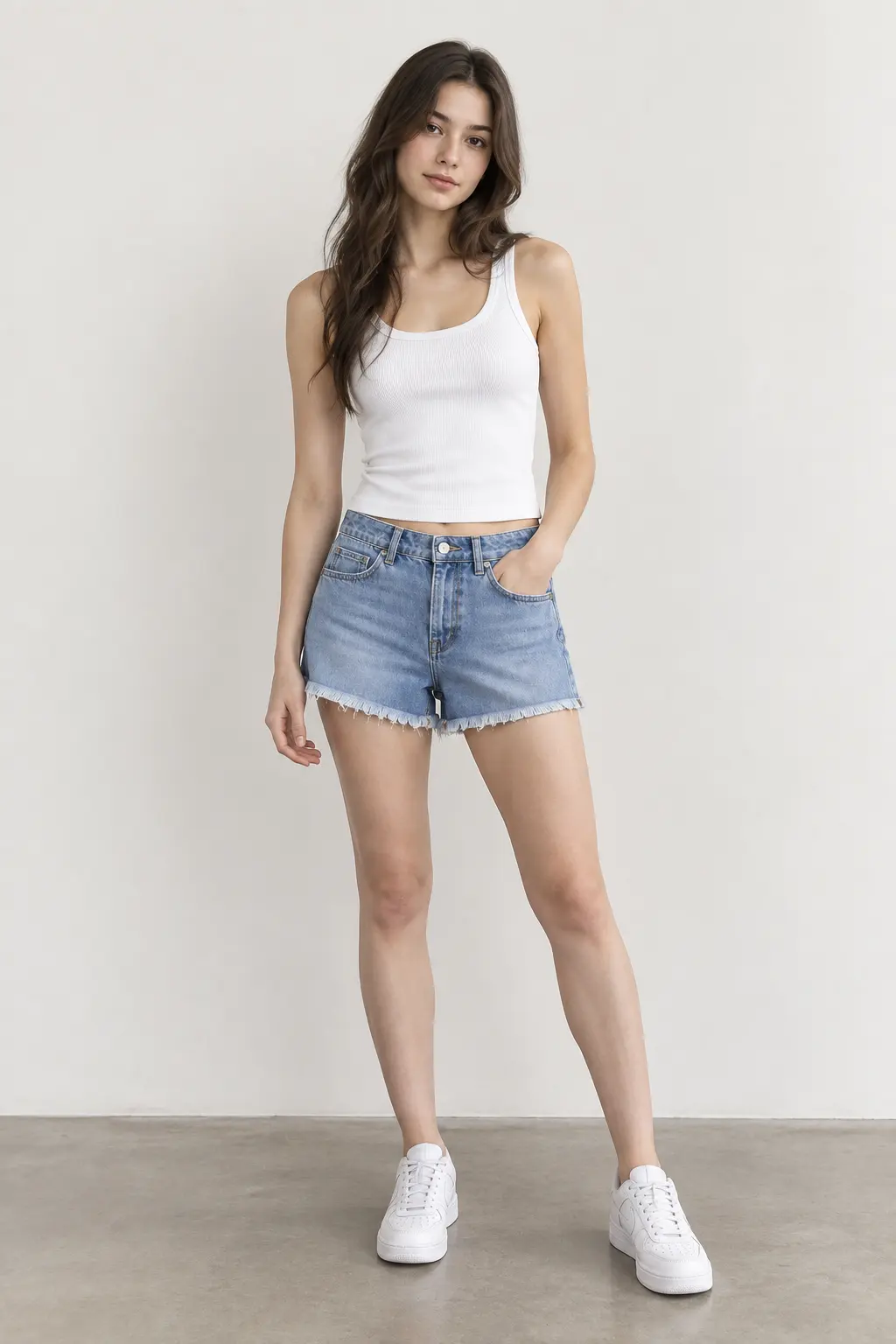 Summer outfit preview with a white tank top, denim shorts, and sneakers