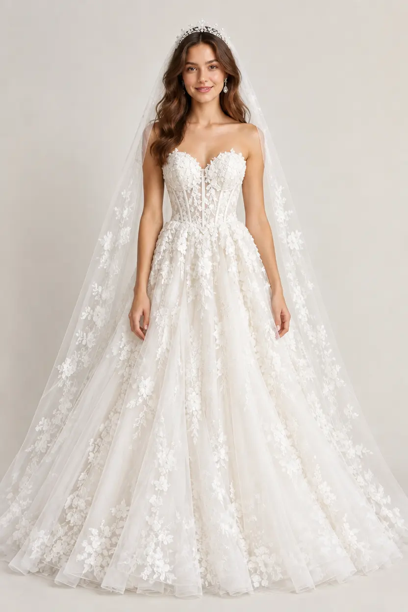 Wedding dress try-on example with a white lace bridal gown